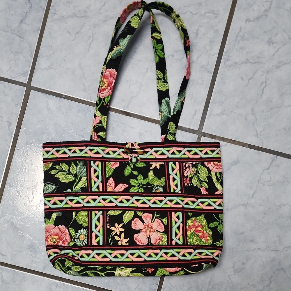 Vera Bradley Black Floral Quilted Tote Boho Botanical Print